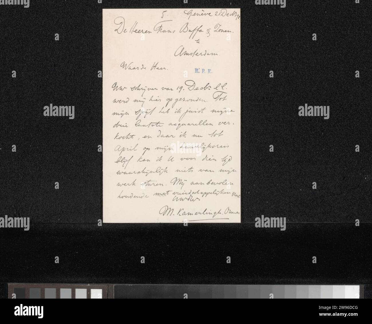 Brief an Frans Buffa und Sons, Menso Kamerlingh Onnes, 1891 Brief Genfer Zeitung. Schreiben von Tinte (verarbeitet)/Zeichnen von Stiften. Kunsthandel, Kunstgeschäft. Familienleben Stockfoto