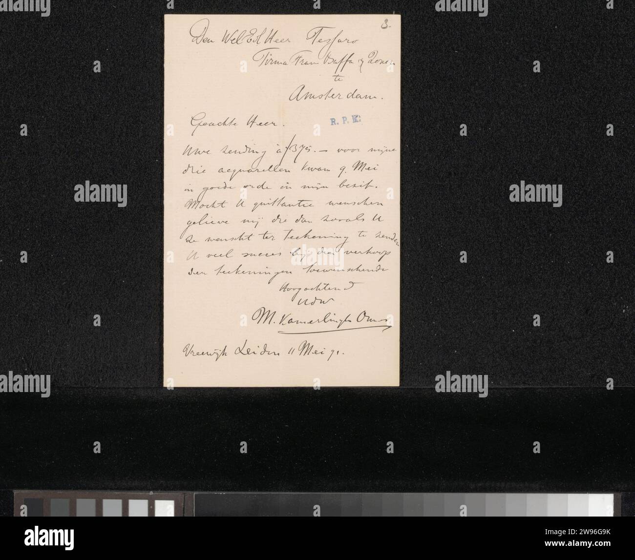 Brief an Filippo Tessaro, Menso Kamerlingh Onnes, 1891 Brief Leiden Papier. Tinte schreiben (verarbeitet) / Stiftgeld. Zeichnung Stockfoto