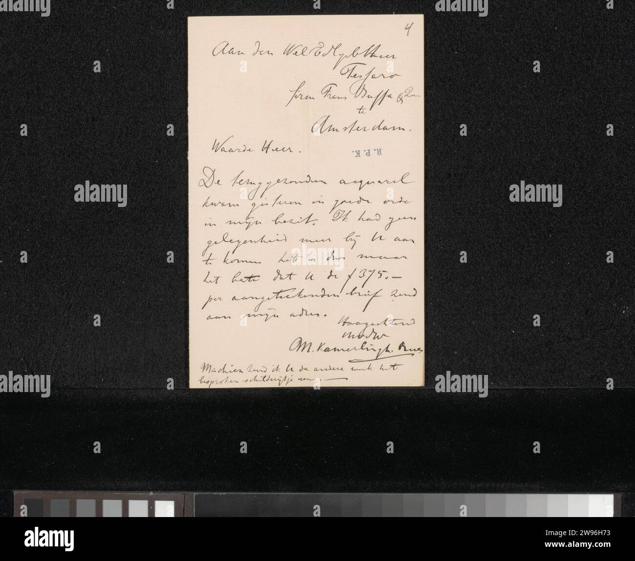 Brief an Filippo Tessaro, Menso Kamerlingh Onnes, 1870–1907 Brief vom Mai 1891 in einer späteren Hand. Leiden Papier. Schreiben von Tinte (verarbeitet)/Zeichnen von Stiften. Geld. Malerei (einschließlich Buchbeleuchtung, Miniaturmalerei) Stockfoto