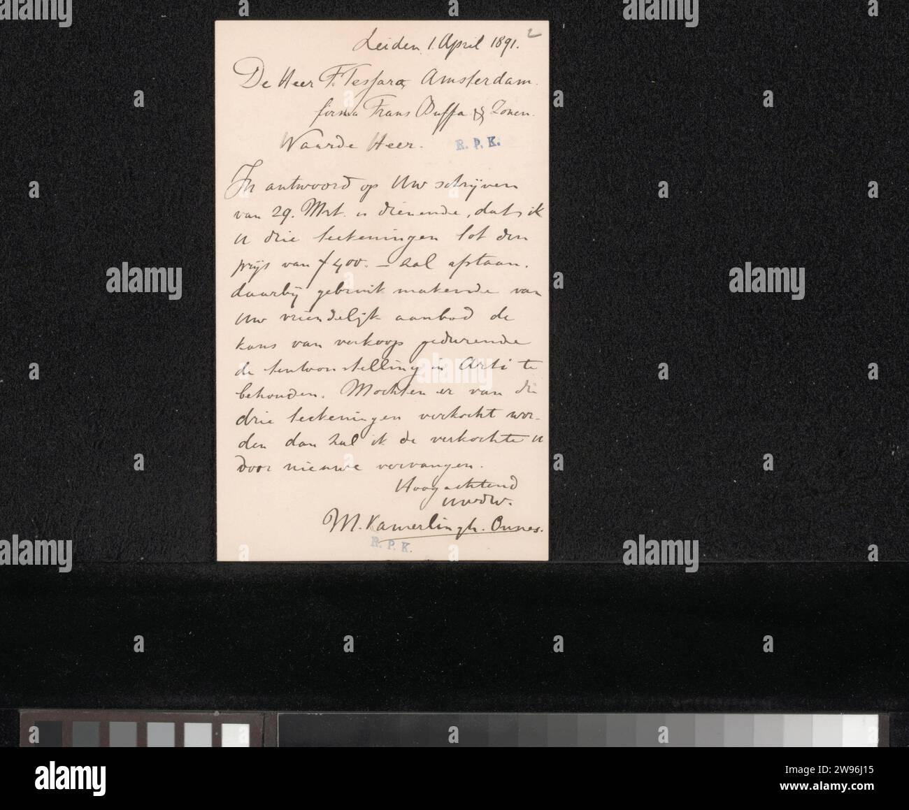 Brief an Filippo Tessaro, Menso Kamerlingh Onnes, 1891 Brief Leiden Papier. Tintenbeschriftung (Prozesse) / Stifthandel, Kunstgeschäft. Zeichnung. Geld. Ausstellung  Kunst Stockfoto