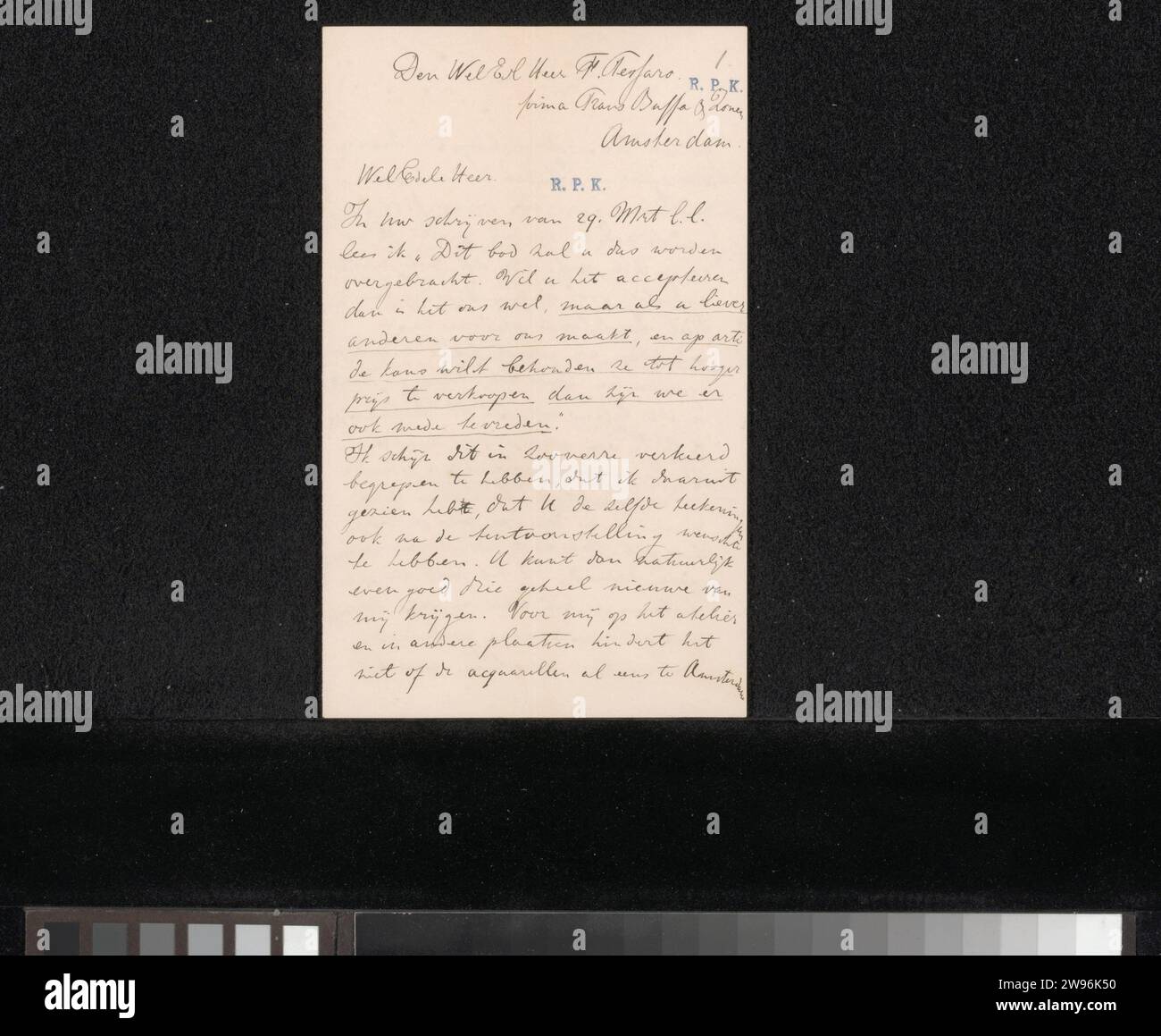 Brief an Filippo Tessaro, Menso Kamerlingh Onnes, 1891 Brief Leiden Papier. Tintenbeschriftung (Prozesse) / Stifthandel, Kunstgeschäft. Zeichnung. Ausstellung  Art. Money Amsterdam Stockfoto