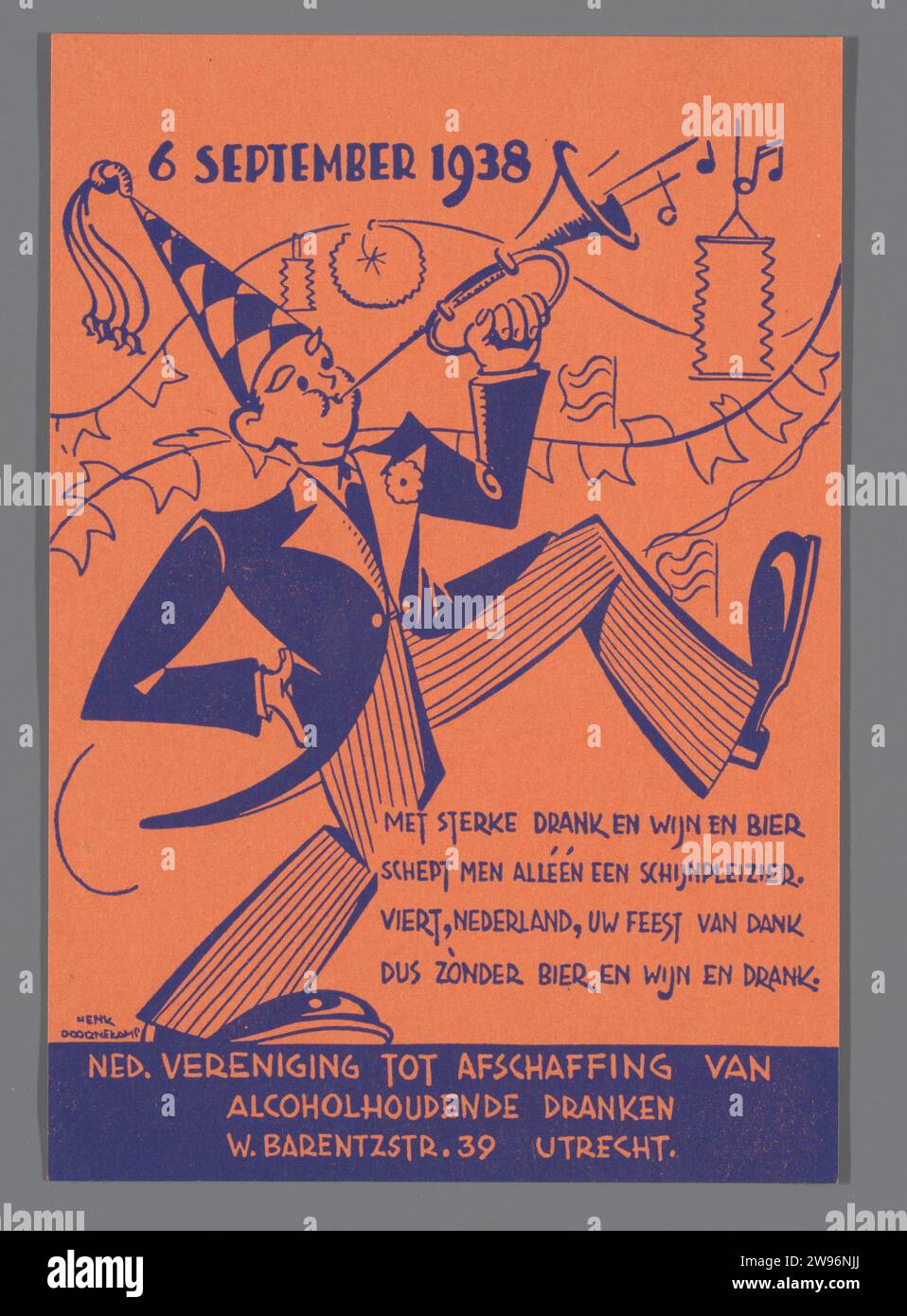 6. September 1938, Henk Doornekamp, 1938 Printing, erschienen anlässlich des 40-jährigen Jubiläums der Königin Wilhelmina 1938, orangefarbenes Papier, einseitig in blau bedruckt, Partyfigur rechts. Utrecht Papier Druck Niederlande Stockfoto