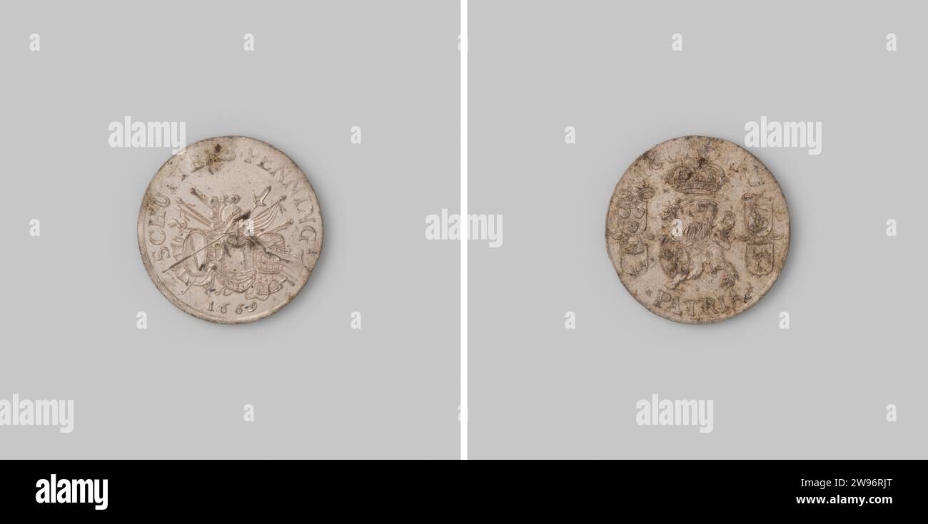 Schuttersnenning van Leiden, Anonym, 1669 Silberne Miliz von Leiden. Vorne: Ein gekrönter, kletternder Löwe mit einem Schwert in der Rechten und einem Schild mit dem Stadtwappen in der linken Klaue, zwischen den Waffen der vier Bürgermeister von Leiden platziert. Dischanging: Pvgno Pro Patria (Ich kämpfe für die Heimat). Umgekehrt: Trophäen mit dem Jahr unten. Dischanging: Schvtters-Medaille. Verschiedene Waffen können im selben Jahr dargestellt werden, da sich die Zusammensetzung der Regierung jedes Jahr im November änderte. Leiden Silber (Metall) Stockfoto