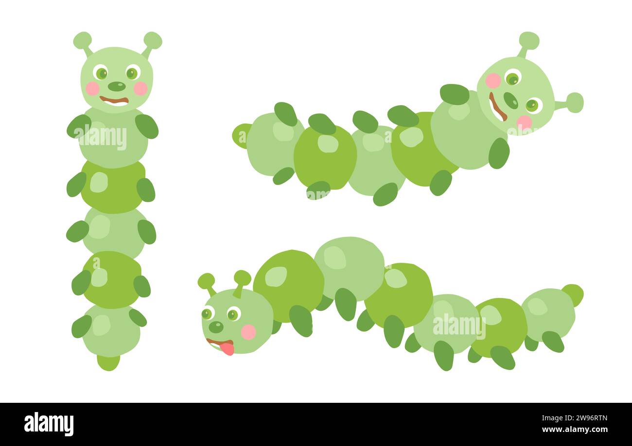 Set von lustigen Raupen Zeichentrickfiguren, Kinderbüchern oder textilen Designelementen, Vektorillustration Stock Vektor