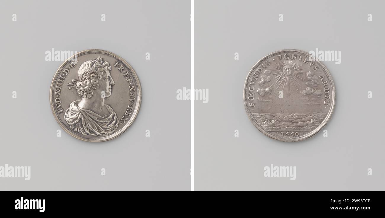 Ludwig XIV., König von Frankreich, Jean Warin (II) (möglich), 1660 Geschichtsmedaille Silbermedaille. Vorne: Bruststück Mann innen Wechsel. Rückwärts: Strahlende Sonne zerstreut Wolken und heizt Landschaft im Inneren der Omschrift Paris Silber (Metall) auffällig (Metallverarbeitung) Stockfoto
