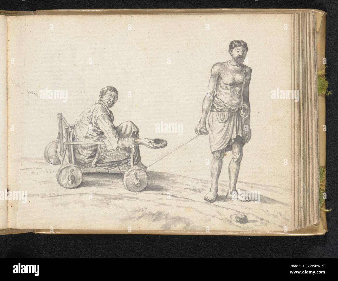 Behinderter Bettler in einem Wagen und sein Gefährte, Esaias Boursse, 1662 auf einer abschüssigen Straße befindet sich ein vierrädriger Holzwagen, in dem eine Person mit den Knien hochgezogen ist, gekleidet in einem langen Hemd mit langen Ärmeln und einem Hüftteppich (Veshti, Lungi). Die ausgestreckte rechte Hand hält eine Schüssel: Ein Betteln. Rechts ist ein Mann, der den Wagen mit einem Seil an einer Spule in der rechten Hand zieht. Er trägt nur einen Knieteppich (Veshti, Lungi). Sein Haar ist in der Mitte geschieden und wahrscheinlich fest am Rücken gebunden; er hat einen Schnurrbart und einen kurzen Bart. Der Wagen ist einfach und besteht aus einem Lattenfuß und einer Rückenlehne aus sl Stockfoto