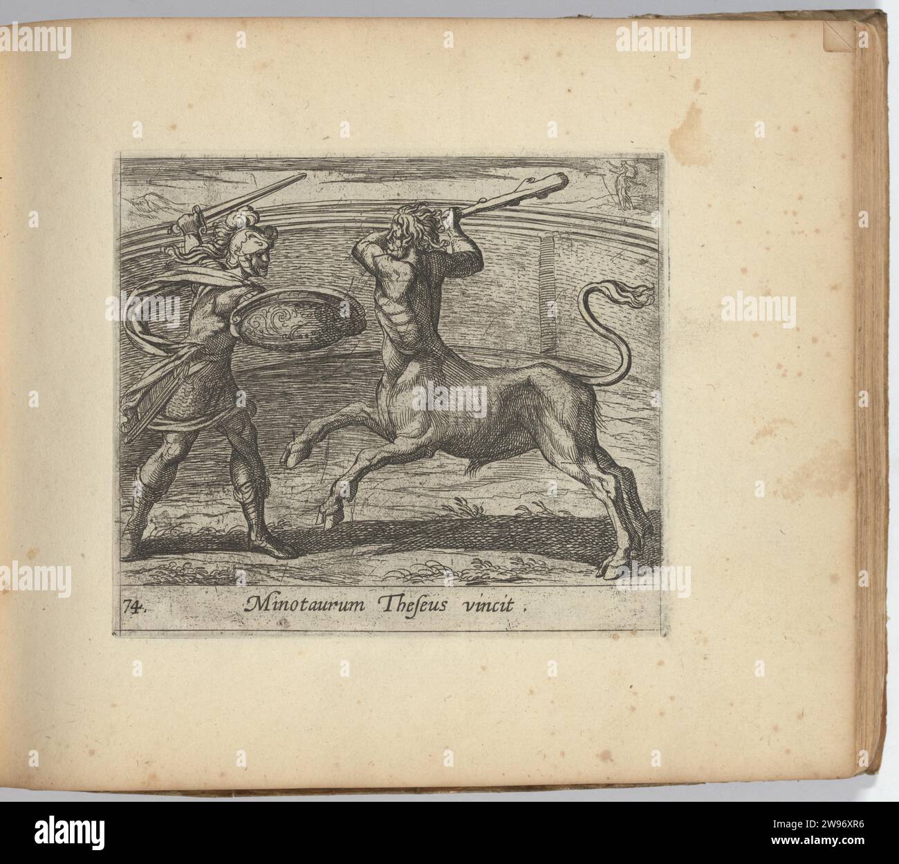 Theseus und der Minotaur (Minotaurum Theseus vincit), aus den Metamorphosen von Ovid (Metamorphosean Sive Transformationum), Platte 74 1935 von Willem Jansz. Stockfoto