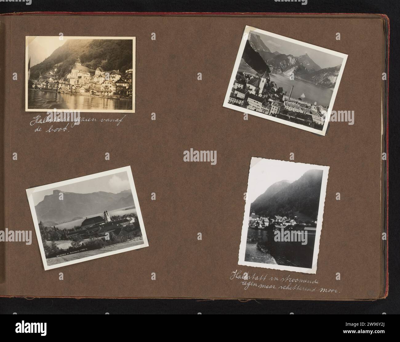 Bergmeren, Anonym, 1936 Fotoalbum Magazin mit vier, teilweise gekauften, Fotos von Bergmeren im Salzkammergut. Bericht über eine zwölftägige Gruppenfahrt mit dem Bus ins Salzburgerland und Bayern vom 30. Juli bis 10. August 1936. Teil des Reisealbums der Van den Broek Familie von 1935 bis 1937. Österreich Papier. Fotografischer Support Gelatine Silberdruck Ausflug, Vergnügungsreise. Bergkette, Schneegipfel Salzkammergut Stockfoto