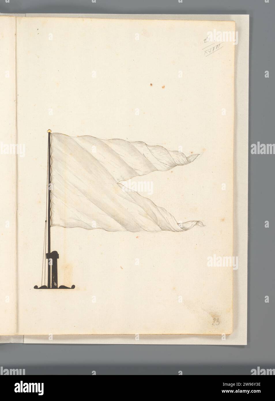 Flagge von Frankreich, Anonym, 1667 - 1670 ziehende Flagge von Frankreich, komplett weiß und gegabelt. Fahne auf Fahne und Mastfuß. Wird auf Folio 12r. angezeigt Teil eines Fahnenbuchs mit Fahnen aus Europa, Nordafrika, dem Nahen und Fernen Osten. Frankreich Papier. Tinte. Aquarellstift / Pinselflagge, Farben (als Symbol des Zustands usw.) Frankreich Stockfoto