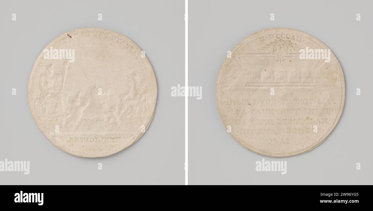 Fertigstellung der Schleusen in Katwijk 1807, Druck in Pappe, Jean-Pierre Droz, 1807 Geschichtsmedaille MUMMED CONCUSE DRUCKE IN CARTNON DER PENNING-SEITE DES PENNINGS, auf der Vorderseite Neptunus von Hippocamps in eine Schale gezogen, danach ein hornbläsender Meerman, ein sitzender Flussgott am Ufer, mit einem Display und Schnitttext, auf der Unterseite der Blick auf die Schleusen mit über fünf Textzeilen und unter einem kleinen gekrönten Wappen von Rijnland zwischen Ästen und Jahr. Pappe Stockfoto