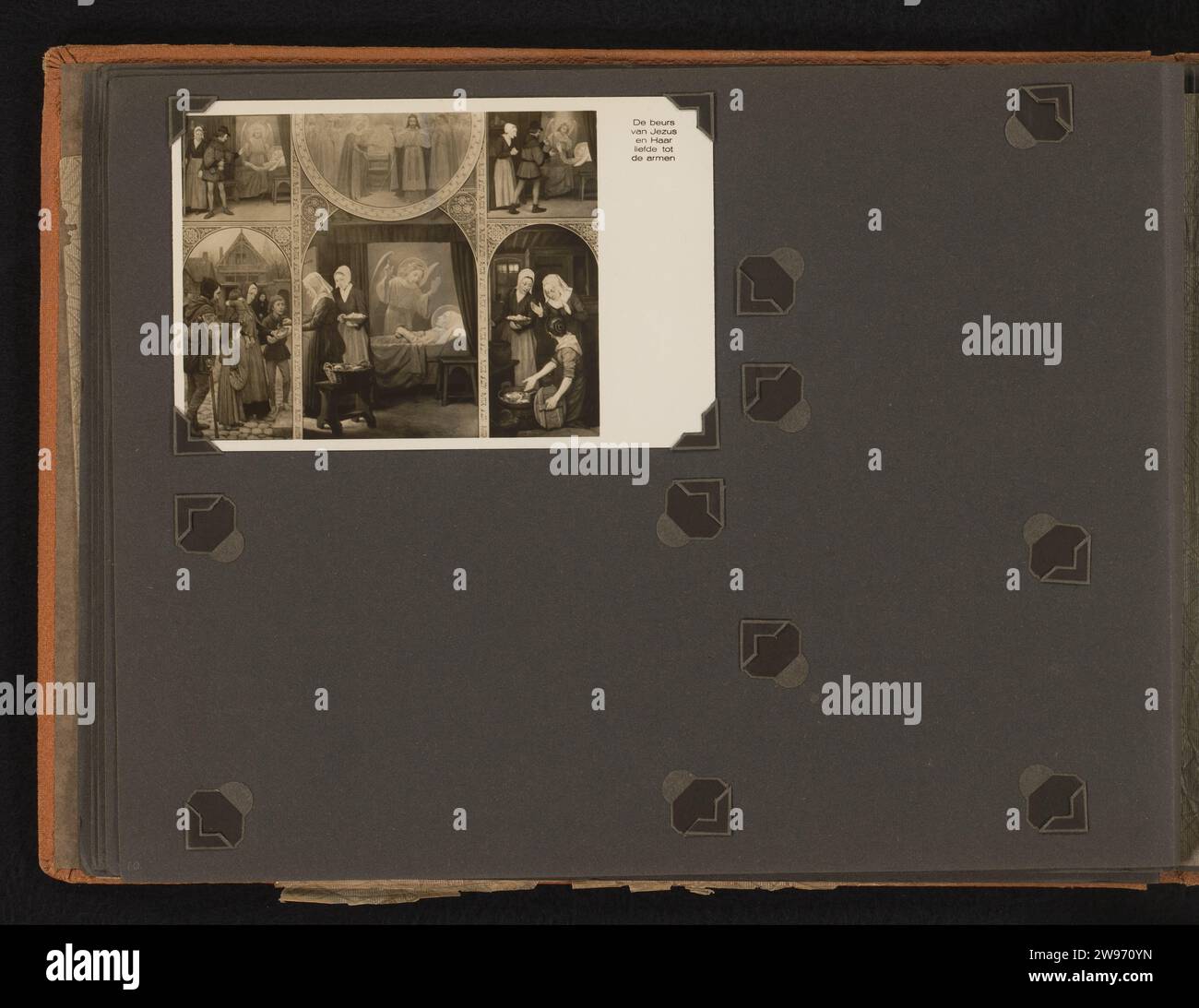 Postkarte des Gemäldes der Heiligen Liduina van Schiedam, HRS. Rebers, nach Jan Dunselman, 1925–1933 Fotoalbum Magazin mit einer Postkarte zu einem Gemälde der Heiligen Liduina van Schiedam in der St. Liduinabasiliek. Teil des Esperanto-Albums um 1933–1936. Schiedam-Papier. Fotografische Unterstützung Gelatinedruck die jungfräuliche Lidwyna (Lydwine) von Schiedam; mögliche Attribute: Kruzifix, Rosenzweig in der Hand, Rosen im Haar Schiedam Stockfoto