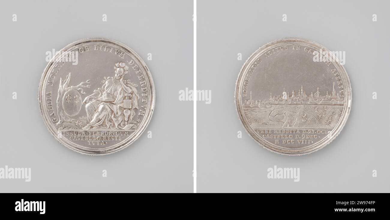 Aufnahme der Zitadelle van Rijssel durch die Verbündeten Martin Brunner, 1708 Geschichtsmedaille Silbermedaille. Vorderseite: Gallia, in Form einer trauernden Frau, die auf dem Thron neben dem zerrissenen Baum sitzt, an dem Frans Wappen hängt, von dem eine Lilie in Koverschrift über der Inschrift gefallen ist. Rückseite: Ansicht der Rijssel-Innenseite, oberhalb der Inschrift; Kantschrift. Nürnberger Silber (Metall) auffällig (Metallbearbeitung) wenig. Nerd Stockfoto