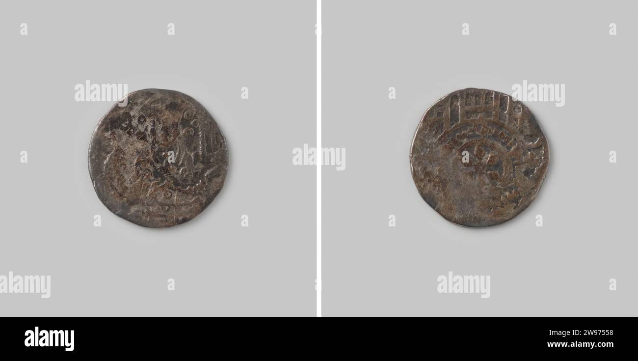 Penning aus dem Bistum Osnabrück Konrad II. Von Rietberg, 1270-1297, 1270 - 1297 Münze Silbermünze. Vorderseite: Porträt des Bischofs von vorne mit Stab in der rechten Hand. Rückwärts: Kirchengebäude mit Tor, in dem Rad, Wapen van Osnabrück. Osnabrück Silber (Metall) auffällig (Metallbearbeitung) Stockfoto