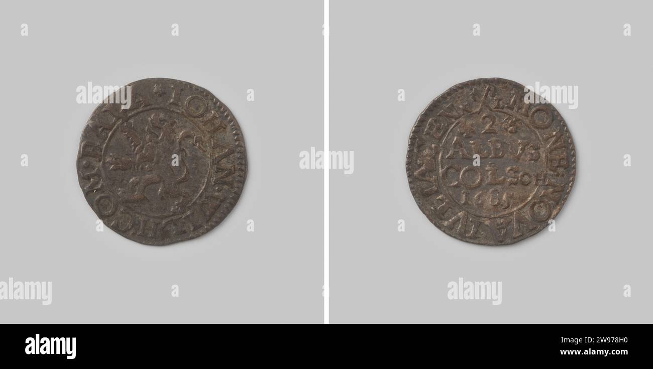 2 Albus Cölsch aus Julich-Berg von Johann Wilhelm, 1685, 1685 Münze Silbermünze. Vorne: Löwe nach links. Reverse: Wertbezeichnung in drei Zeilen, einschließlich Jahr. Silber (Metall), auffällig (Metallbearbeitung) Stockfoto