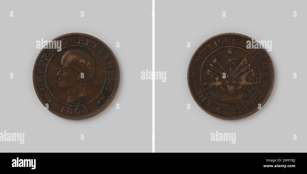 10 Cent uit Haiti van n.f. geffard, 1863 , 1863 Münze Kupfer Münze. Vorne: Vorsitzender des Präsidenten links. Rückwärts: Palme, die aus der Trommel steigt, hinter denen Banner stehen. Links und rechts von Trommel zwei Geschütze, einschließlich Kugeln. Anzeige unter Wert. Glatte Kante. Geschlagen in Heaton, Birmingham Birmingham Kupfer (Metall) auffällig (Metallverarbeitung) Stockfoto