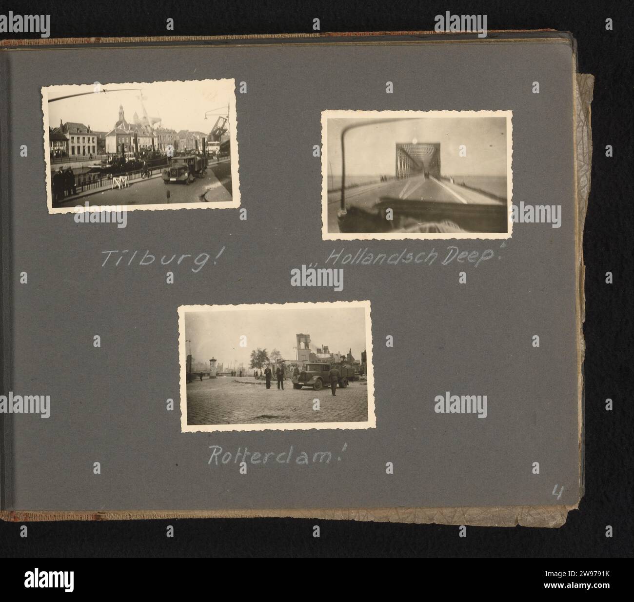 Advancing German Trupps, Anonymous, Fotoalbum-Magazin 1940 mit drei Fotos von vorrückenden deutschen Truppen in Tilburg, Hollandsch Diep und Rotterdam. Teil des Fotoalbums Kriegszeit in Holland, über den Dienst in den Niederlanden von Hans Heinemann aus einem Flak-Regiment des Luftverteidigungskommandos der Luftwaffe. Niederlande Papier. Fotografische Unterstützung Gelatine Silberdruck Besetzung  Krieg Niederlande. Rotterdam. Tilburg. Niederländisch Diep Stockfoto