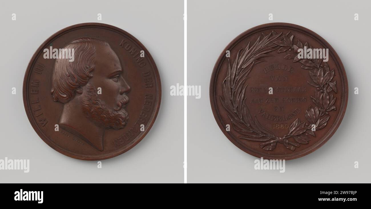 Wilhelm III., König der Niederlande, Penning geschlagen von Karl Wiener zu Ehren des Königs, Karel Wiener, 1860 Bronzemedaille. Vorne: Bruststück Mann innen Wechsel. Rückseite: Inschrift innen zu Krans gebunden Palm und Olive Ast zusammengebunden die Haager Bronze (Metall) Strick (Metallverarbeitung) Stockfoto