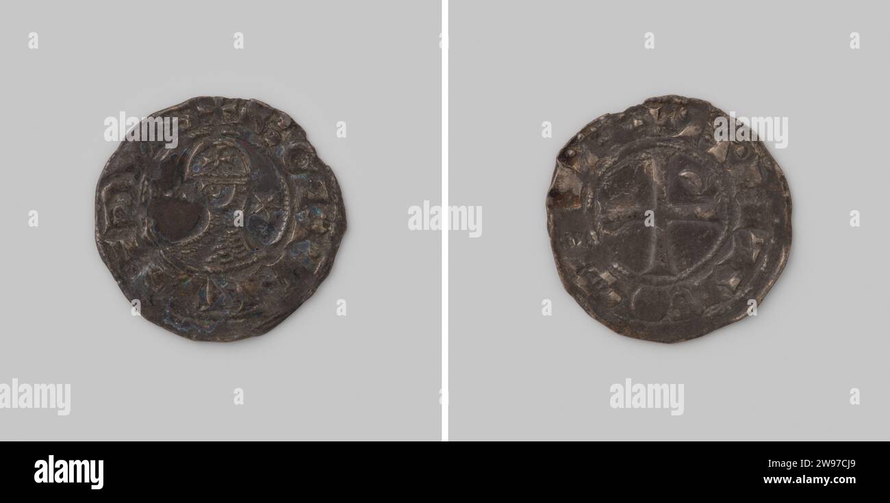 Menning aus dem Fürstentum antiochia von Böhmd II, 1201-1232 , 1201 - 1232 Münze. Penny Silbermünze. Vorne: Büste des Prinzen mit Helm auf dem Kopf, auf welchem Kreuz. Stern rechts. Rückwärts: Kurzes Kreuz mit halbem Mond in der ersten Ecke. Silber (Metall), auffällig (Metallbearbeitung) Stockfoto