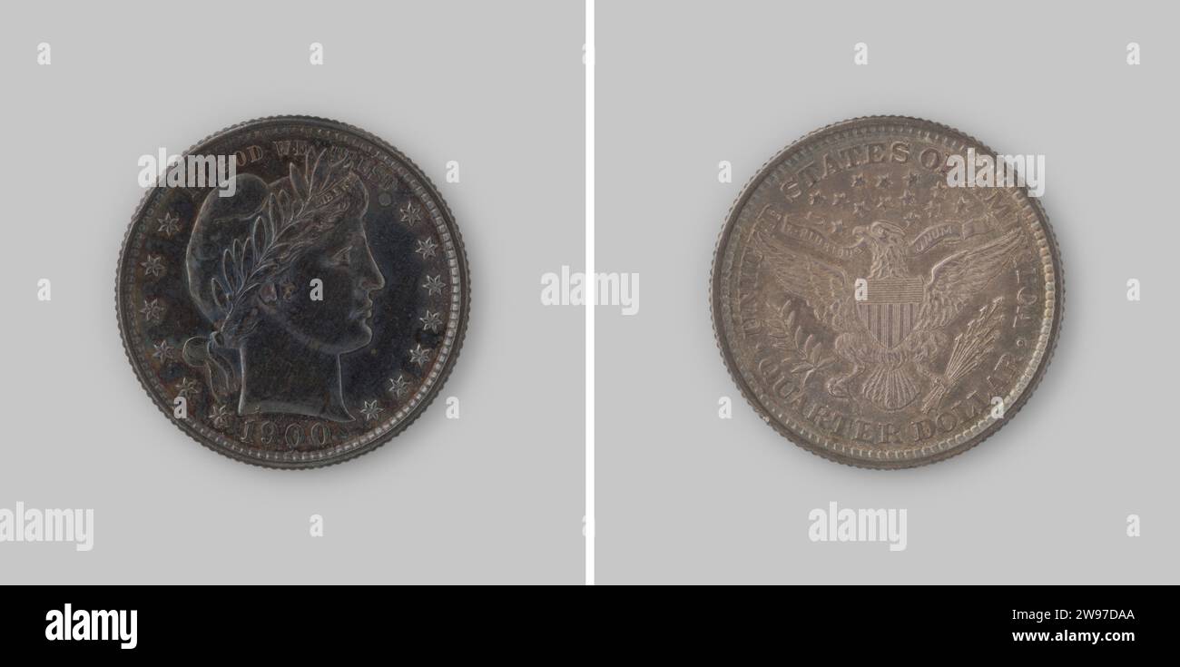 1/4 Dollar aus den Vereinigten Staaten von Amerika, 1900, 1900 Münze Silbermünze. Vorn: Luftiger Kopf mit Freedom Hood (Design Barber) nach rechts, um die Sterne. Jahr unten. Rückwärts: adler mit gespreizten Flügeln mit in seinem rechten Zweig und in seiner linken Klaue Pfeilbündel und auf seiner Brust Wappen, zurückblickend, mit Banderol im Mund mit Inschrift, nach links. Sterne darüber. Wertbezeichnung: Vierteldollar am unteren Rand. Kartellkante. Silber (Metall), auffällig (Metallbearbeitung) Stockfoto