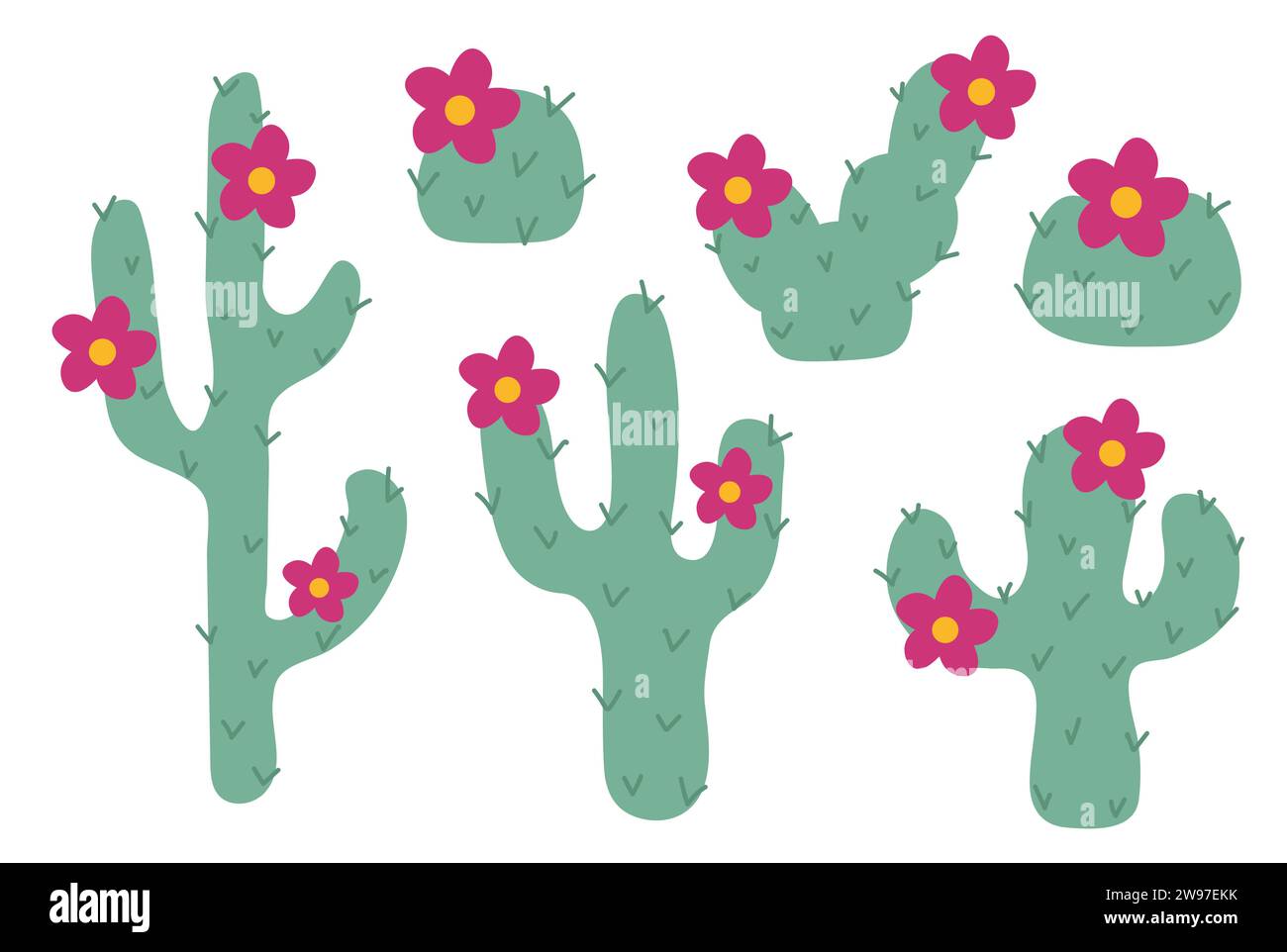 Set aus verschiedenen Kaktuspflanzen mit rosa Blüten. Illustration des Vektors auf weißem Hintergrund isoliert. Stock Vektor