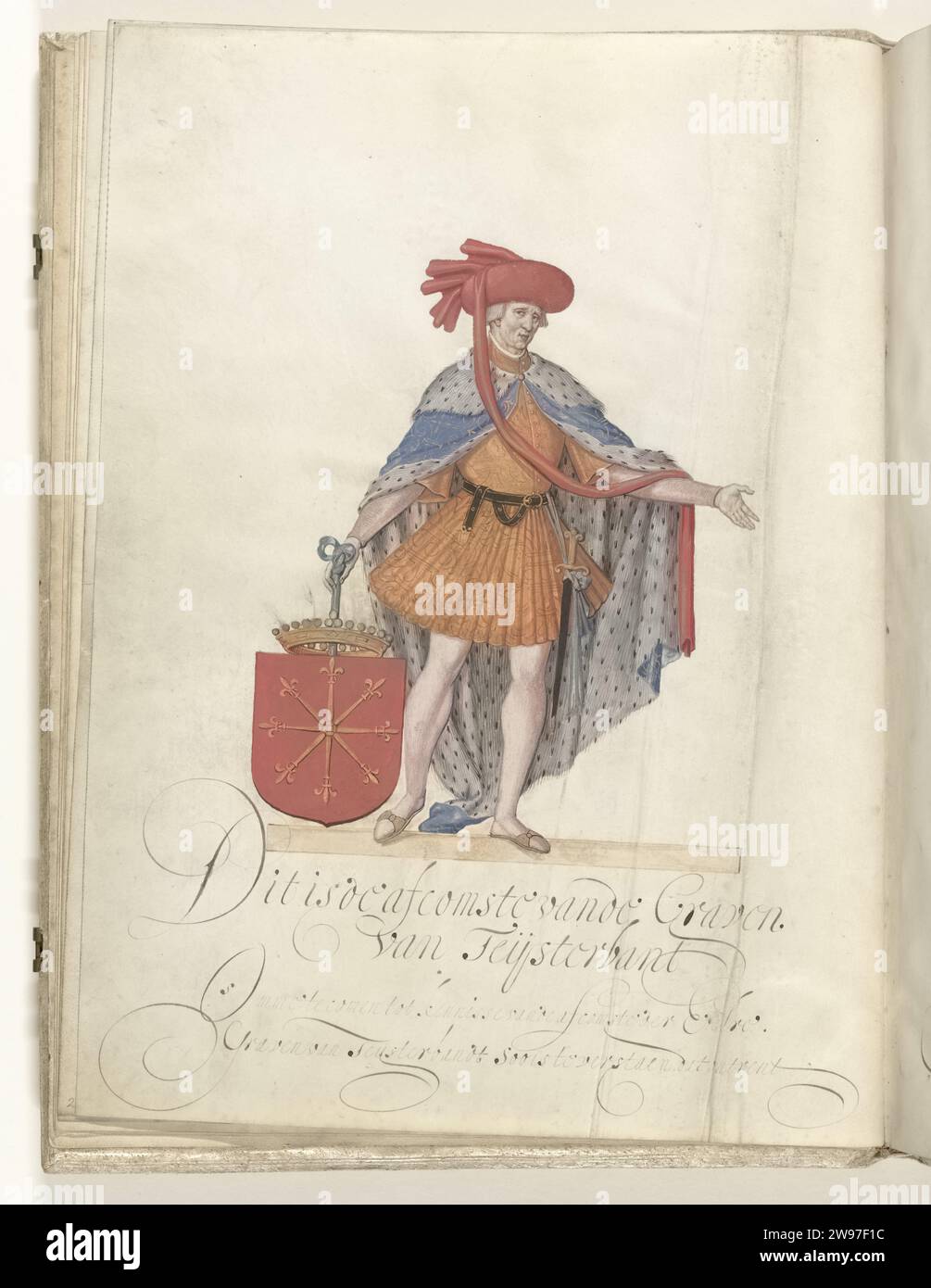 Boudewijn van Kleef und Teisterbant, Nicolaes de Kemp (zugeschrieben), ca. 1600 - ca. 1625 Zeichnung Graf Boudewijn van Kleef und Teisterbant. Ich stehe zurück mit dem Wappen von Kleef. Teil der illustrierten Handschrift mit der Genealogie der Herren und Gräber von Culemborg. Zeichner: Nordniederländische Pergamente (tierisches Material). Tinte. Aquarell (Farbe). Gouache (Farbe) Malen / Schreiben (Prozesse) Culemborg Stockfoto