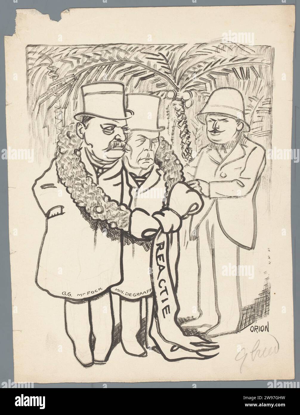 Fock und de Graaff in einem Kranz, Patricq Kroon, 1921–1926, der Generalgouverneur Fock und Minister von Coloniën de Graaff zusammen eine Kranzreaktion um den Hals zieht. Design für einen politischen Zeichentrick. Niederlande Papier. Bleistift. Tuschstift politische Karikaturen und Satiren. Kolonialregierung. Kolonialgouverneur Niederländisch-Ostindien, die Stockfoto