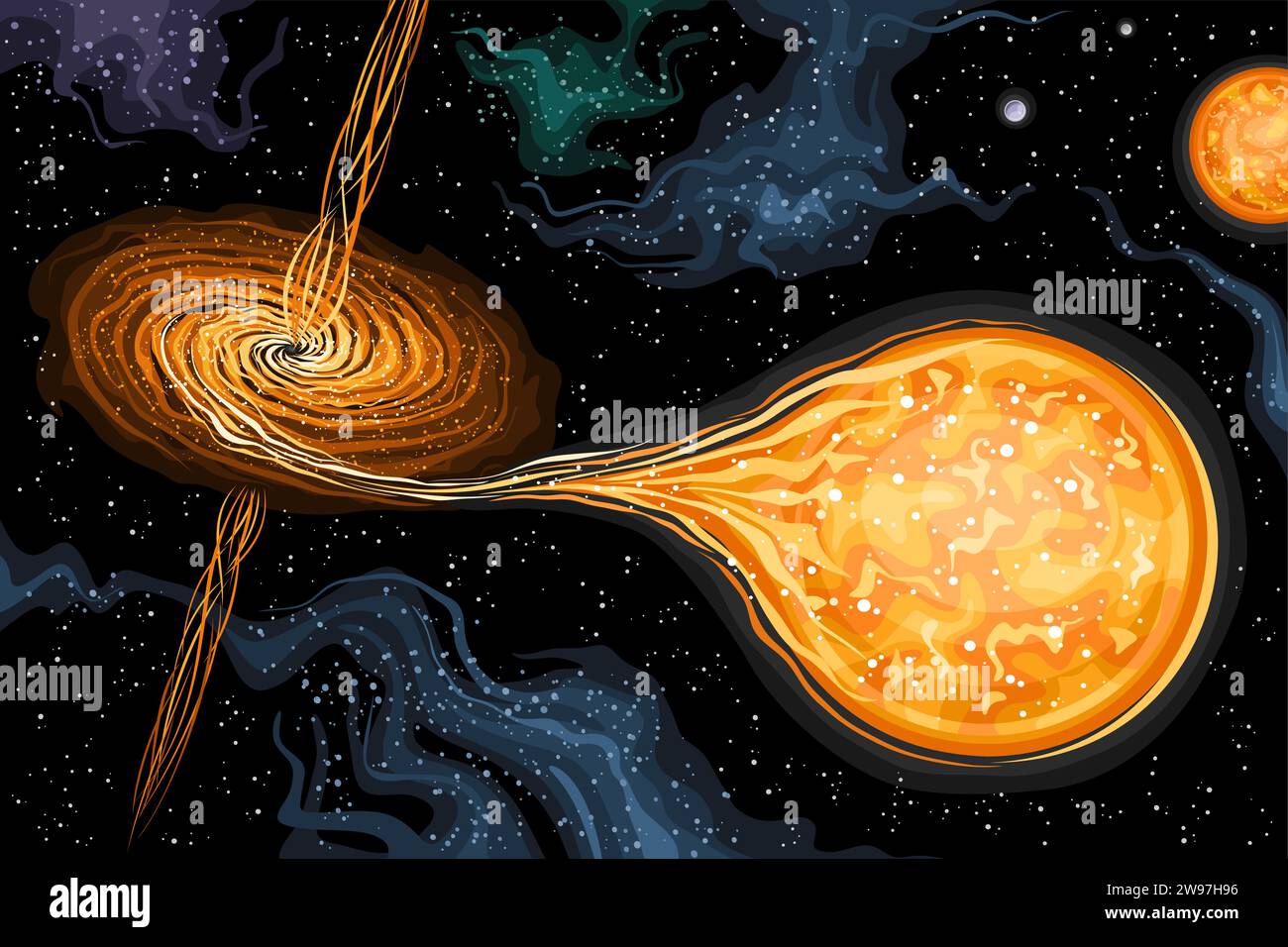 Vektor-Illustration von Black Hole, astronomisches horizontales Poster mit drehendem Schwarzen Loch, das riesige außerirdische Sterne im tiefen Raum verschlingt, dekoriert Stock Vektor