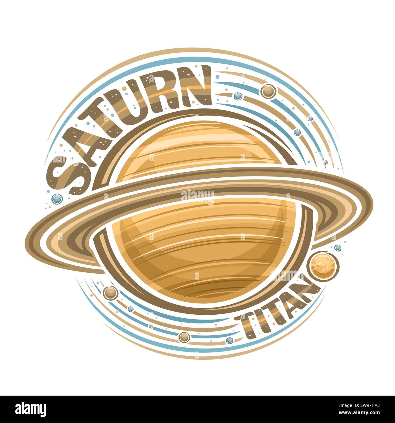 Vektor-Logo für Saturn, dekorativer kosmischer Druck mit rotierendem Planeten saturn und vielen Monden, Gas-windige Oberfläche, futuristischer Cosmo-Aufkleber mit einzigartigem le Stock Vektor