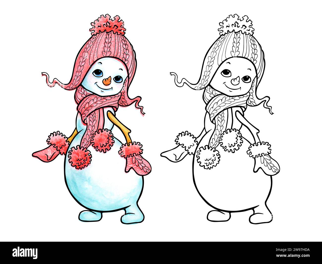 Niedliches Schneemannmädchen in rosa Strickmütze, Fäustlingen und Schal mit Pompons. Handgezeichnete Ausmalseite mit Farbmuster Stockfoto
