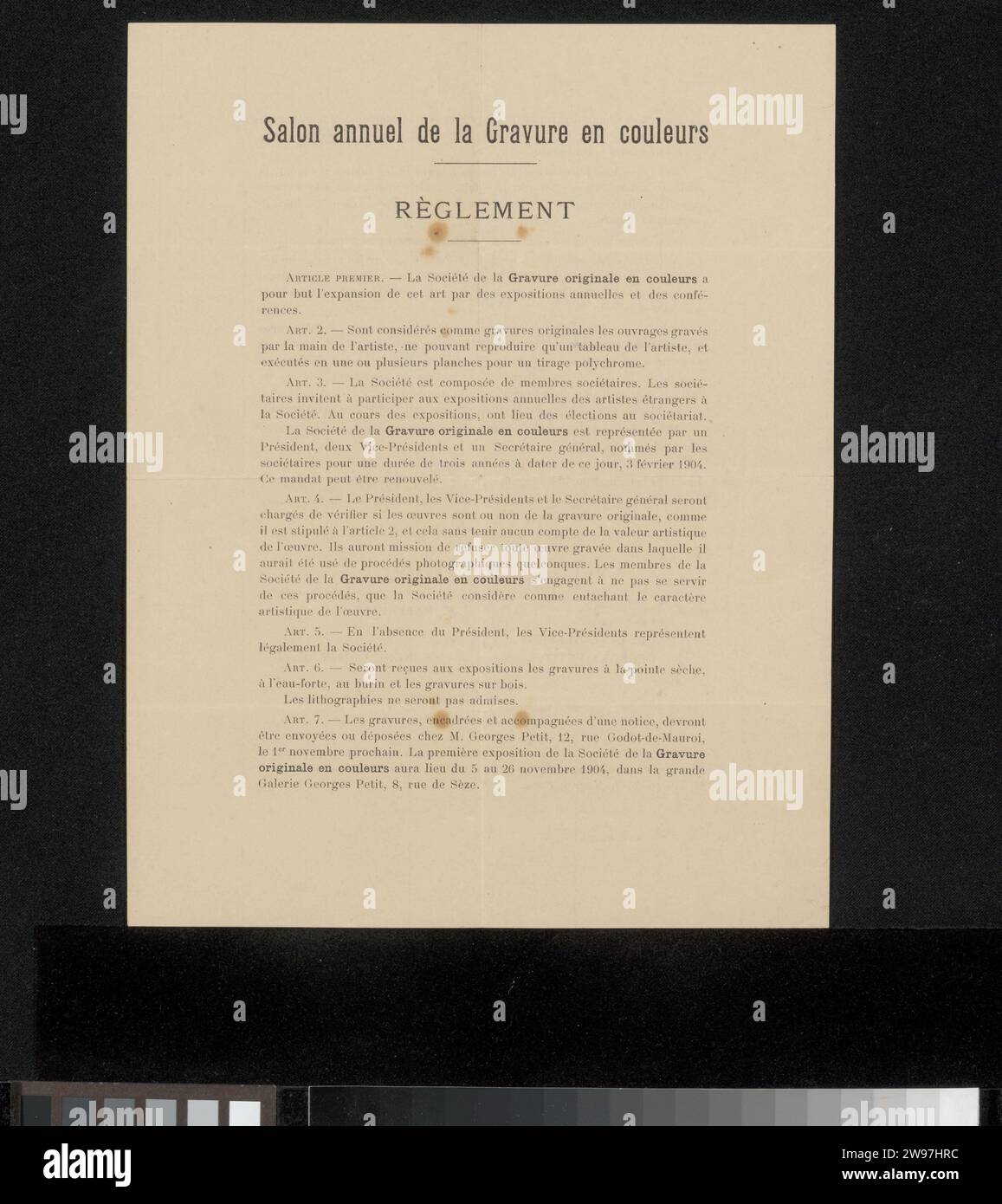 Reglemente von Philip Zilcken Archive, Societe de la Gravure Originale und Couleurs, 1904 Dokument Paris Papier Druck der grafischen Künste. Ausstellung  Kunst Stockfoto