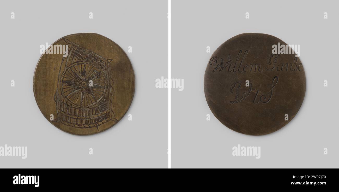 Präsenzmedaille der Compassmakers Guild in Amsterdam 1742, Geschichtsmedaille 1742. Medaille Rundes Messingbild auf der Vorderseite ein Segel auf dem ein Kompass, auf der Rückseite der Name Willem Janse Vis Messing (Legierung) Gravur Stockfoto