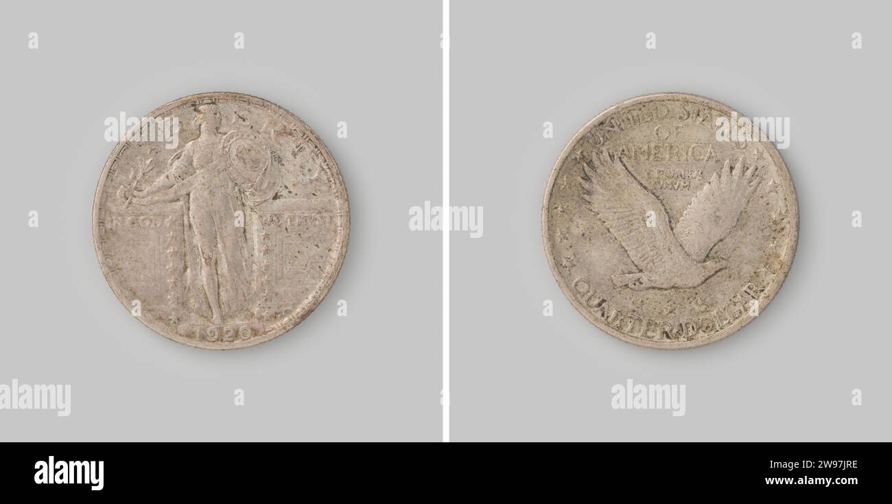1/4 Dollar aus den Vereinigten Staaten von Amerika, 1920, 1920 Münze Silbermünze. Vorne: Freiheit von vorne, stehend im Zaun, mit einem ovalen Schild im rechten Ast und links. Jahr unten. Rückwärts: Fliegende Taube nach rechts. Um die Sterne herum. Wertbezeichnung: Vierteldollar am unteren Rand. Kartellkante. Silber (Metall), auffällig (Metallbearbeitung) Stockfoto