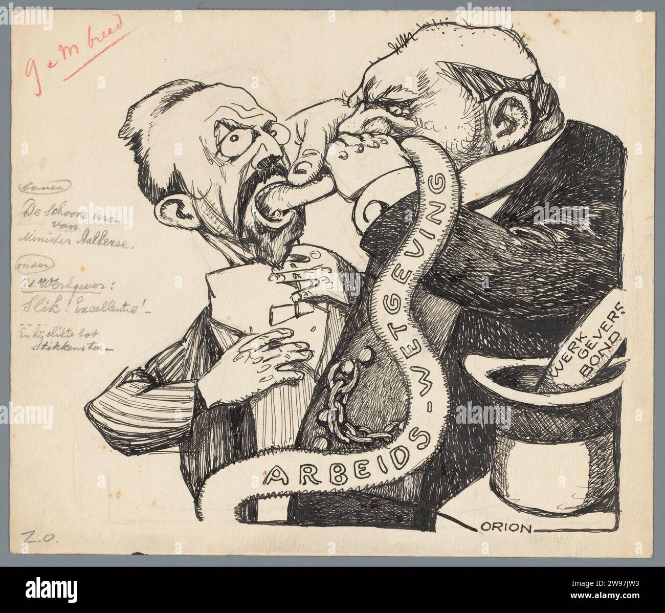 Minister Aalberse und der Arbeitgeber Patricq Kroon, 1918–1925 Ziehen Ein Vertreter des Arbeitgeberverbandes schiebt eine Schlange "Arbeitsgesetzgebung" in den Hals von Minister Aalberse van Labor. Design für einen politischen Zeichentrick. Niederlande Papier. Bleistift. Tuschstift politische Karikaturen und Satiren Stockfoto