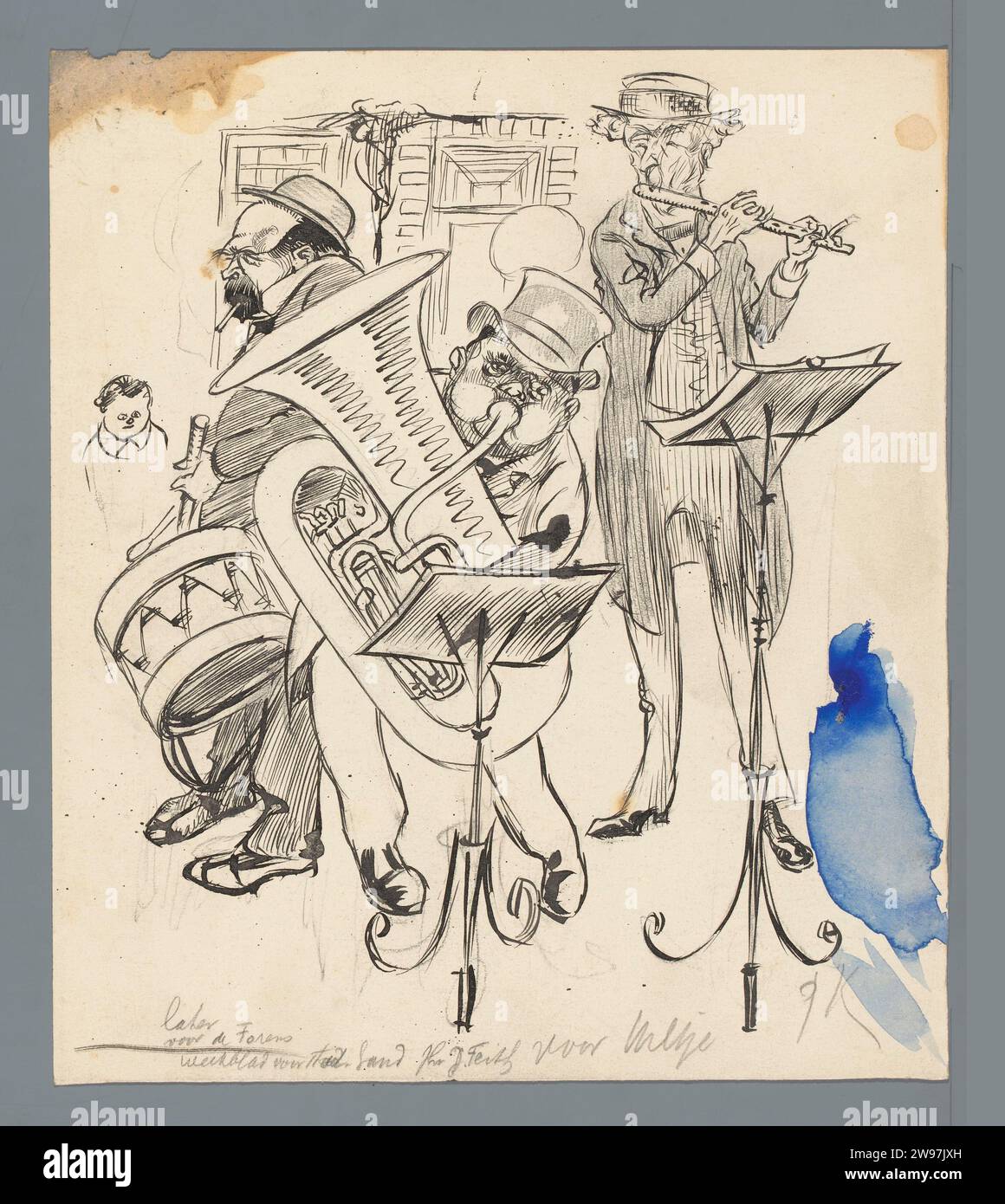 Drei Musiker, Patricq Kroon, 1920–1930 Zeichnung drei Musiker spielen auf der Straße. Design für einen politischen Zeichentrick. Niederlande Papier. Bleistift. Tuschstift politische Karikaturen und Satiren. Beliebte Musik, Straßenmusik Stockfoto