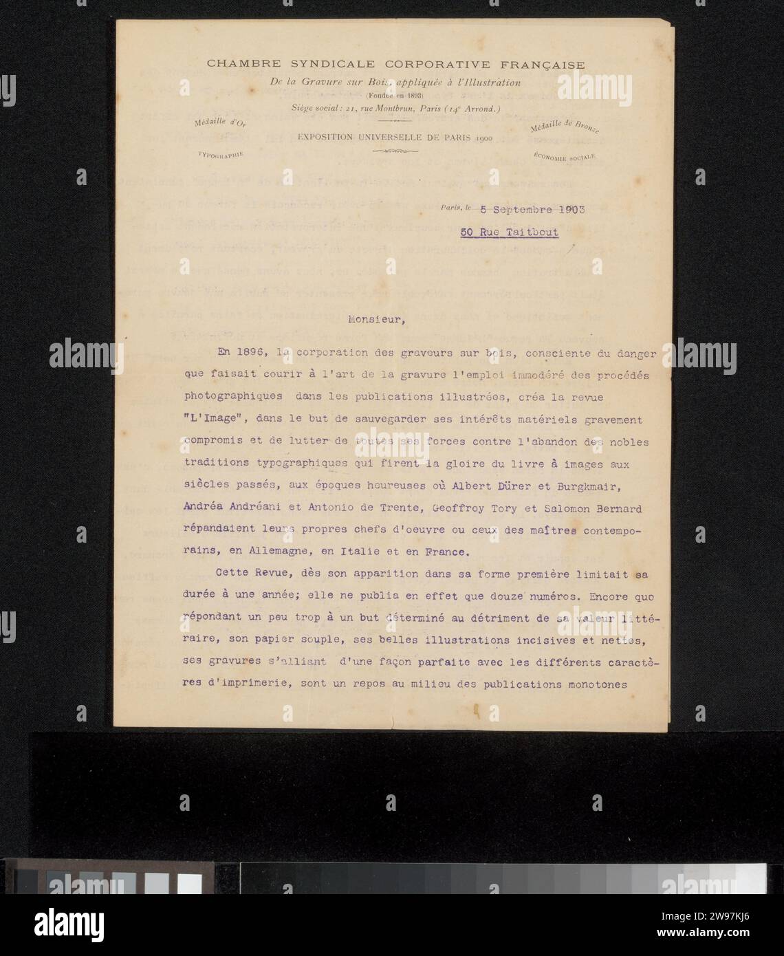 Brief aan Philip Zilcken, auf die Illustration Chambre Syndicale Corporate Francaise de la Gravure auf Holz, 1903 Letter Paris-Papierdruck Stockfoto