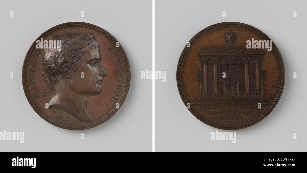 Frieden von Pressburg zwischen Österreich und Frankreich, zu Ehren Napoleon I. Bonaparte, Kaiser der Franzosen, Jean-Pierre Droz, Geschichtsmedaille 1805 Bronzemedaille. Vorne: Brustschmuck Mann mit Lorbeerkranz im Wechsel. Rückseite: Geschlossener Tempel des Janus; Schnitt: Inschrift Paris Bronze (Metall) markant (Metallverarbeitung) Bratislava Stockfoto