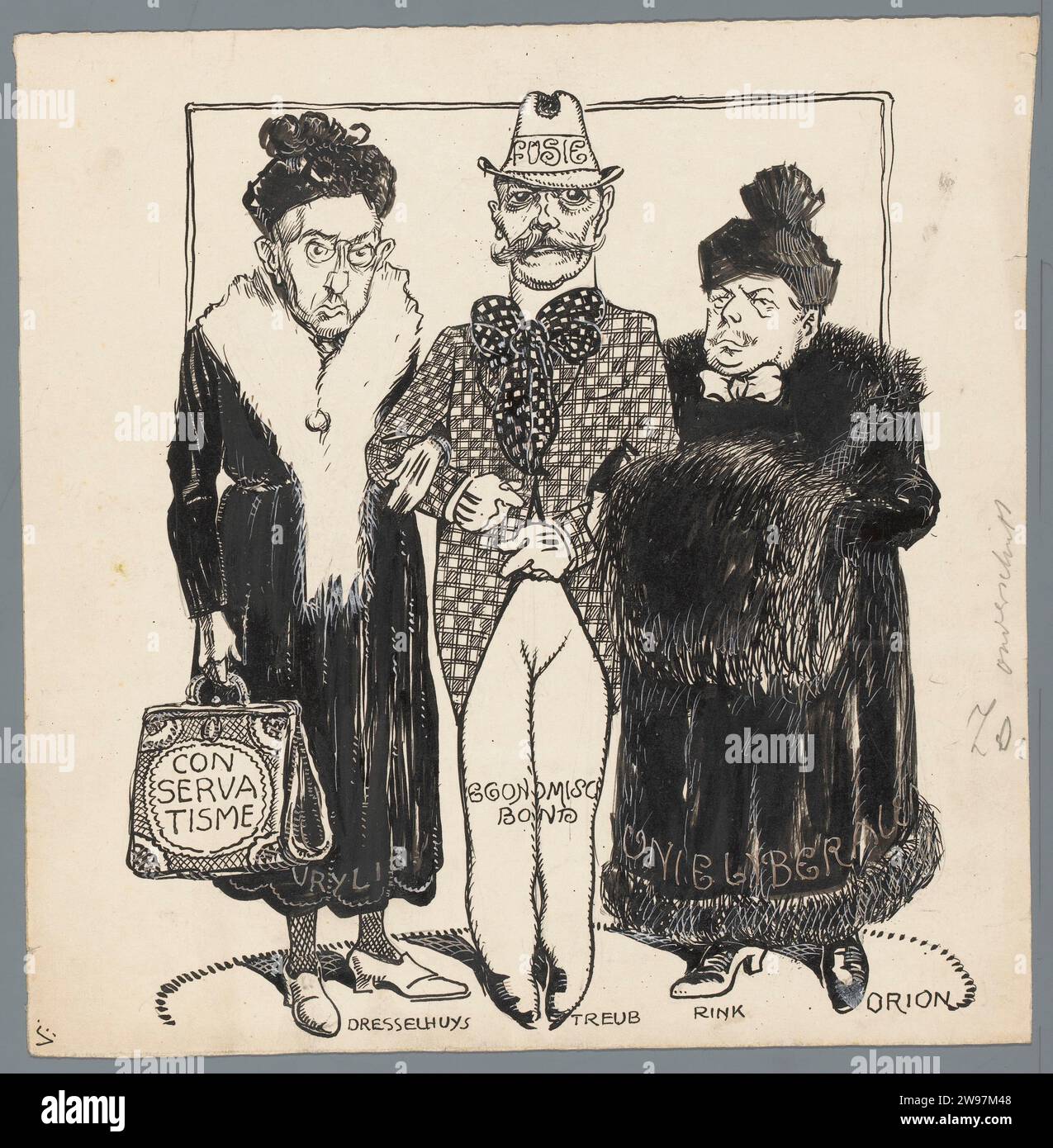 Patricq Kroon, 1921 Zeichentrick über die Fusion der Liberalen Union mit der Vereinigung der Freien Liberalen zum Vrijheidsbond im Jahr 1921. Mit Dresselhuys, Treub und Rink. Design für einen politischen Zeichentrick. Niederlande Papier. Bleistift. Tinte. Farbe (Beschichtung) Stift / Pinsel politische Karikaturen und Satiren. Politische Parteien Stockfoto