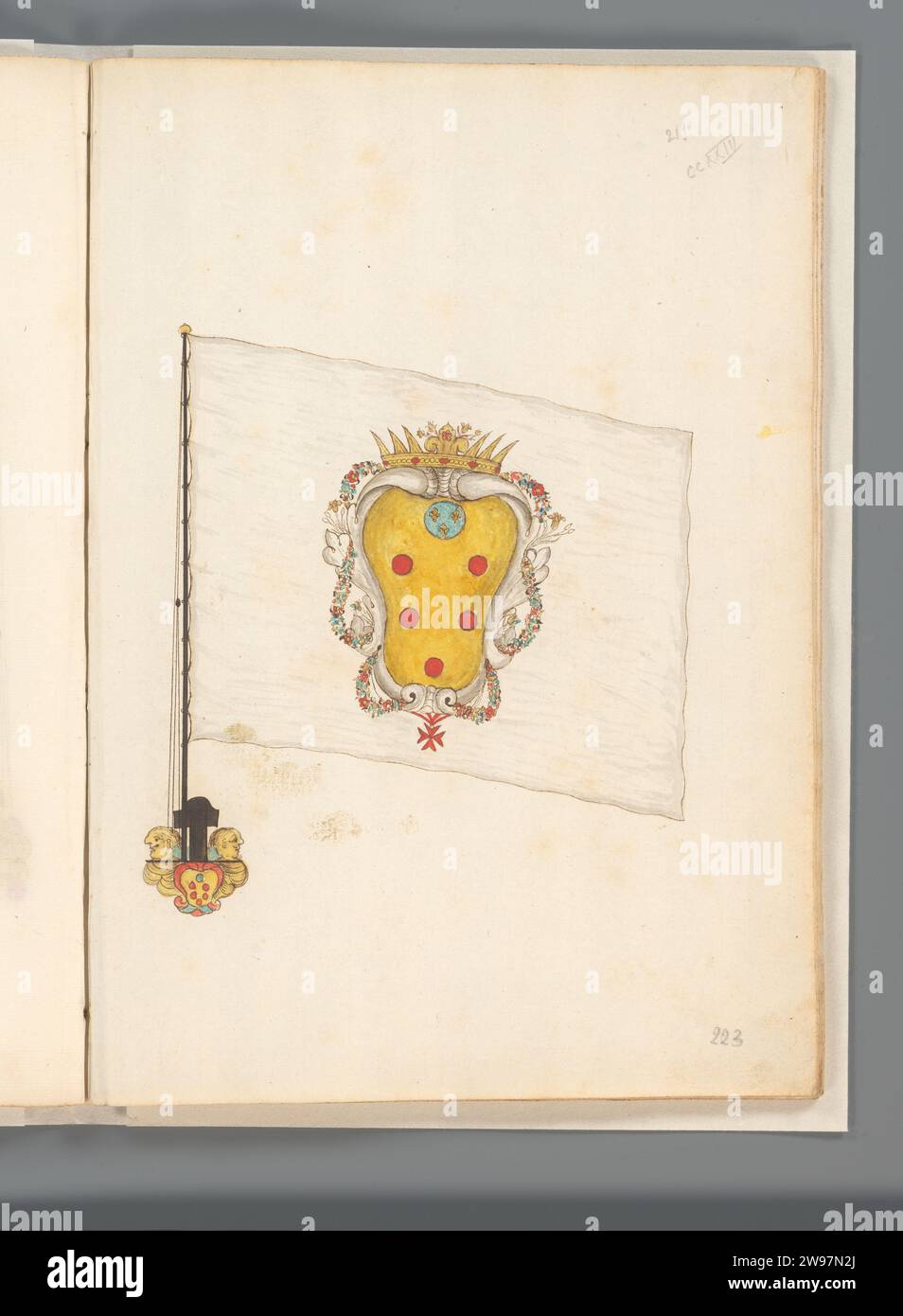 Florenz Flagge, anonym, 1667 - 1670 ziehende Flagge von Florenz. Weiße Flagge mit Wappen der Stadt Florenz mit fünf roten Punkten auf einem gelben Feld, gekrönt mit einer Krone, die von Papst Pius V. vergeben wurde und mit der Kette des Ordens des Heiligen Stefanus bedeckt ist. Fahne auf Fahne und Mastfuß. Wird auf Folio 112r. angezeigt Teil eines Fahnenbuchs mit Fahnen aus Europa, Nordafrika, dem Nahen und Fernen Osten. Frankreich Papier. Tinte. Aquarellstift / Pinselflagge, Farben (als Symbol des Zustands usw.) Florenz Stockfoto