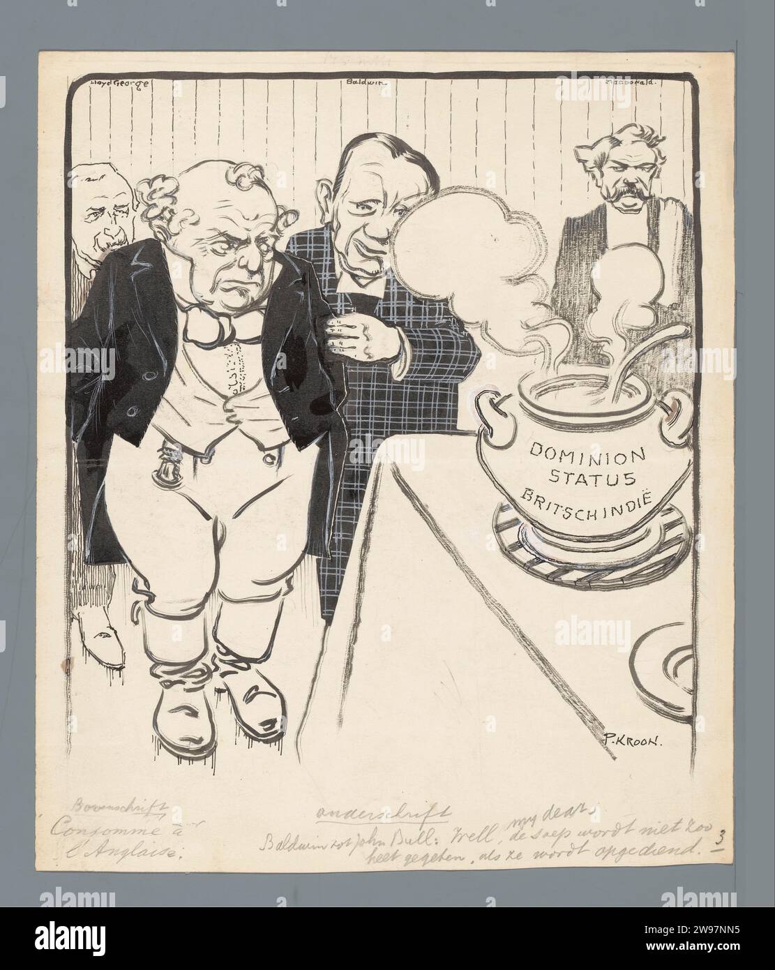 Englische Suppe, Patricq Kroon, 1920–1930 Zeichnung Stanley Baldwin und John Bull an einem Tisch, auf dem eine große Pfanne mit Suppe als „Dominion Status British India“ bezeichnet wird. Im Hintergrund David Lloyd George und Ramsay MacDonald. Design für einen politischen Zeichentrick. Niederlande Papier. Bleistift. Personifizierungen von Tintenstiften/Pinseln von Ländern, Nationen, staaten, Bezirken usw. Politische Karikaturen und Satiren. Imperialismus. Brühe, Suppe Großbritannien Stockfoto