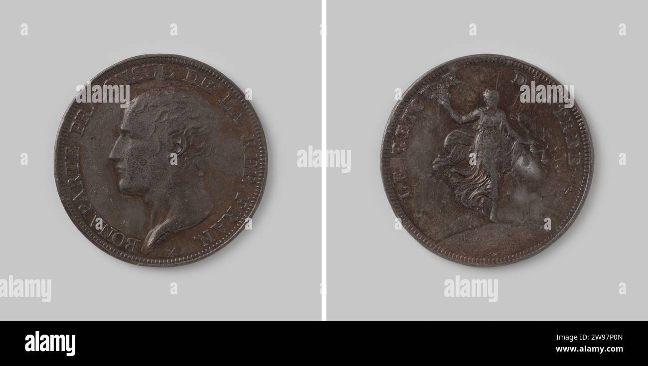 Napoleon Bonaparte erster Code der Französischen Republik Bik (1799), Jean-Pierre Droz, 1799 - 1804 Geschichte Medaille Zinn gegossen von einer Medaille, auf der Vorderseite das Porträt von Napoleon links mit einem Wechsel, eine Frau mit Olivenzweig und Waage, die auf einem Globus läuft, mit einem Wechsel. Kupfer-(Metall-)Guss Stockfoto