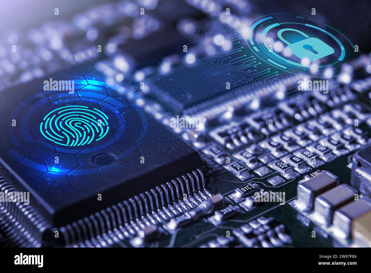 Moderne elektronische Leiterplatte mit Prozessor, integrierten Schaltungen und passiven SMD-Bauteilen aus nächster Nähe. Hintergrund der Cybersicherheitstechnologie Stockfoto