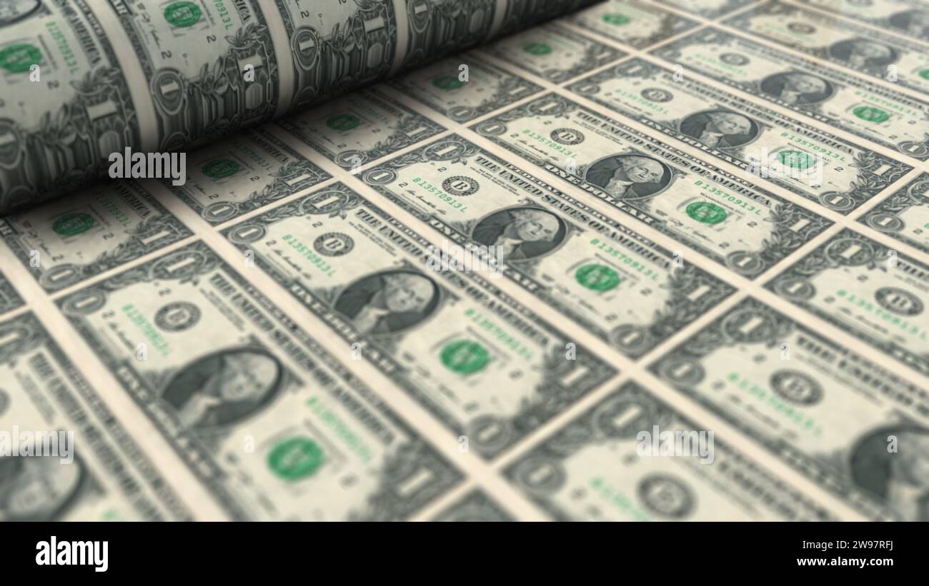 Die Nahaufnahme von 1 US-Dollar-Banknoten wird von einem Geldpresse-Automaten gedruckt. Prozess des amerikanischen Gelddrucks, Konzept des Finanzgeschäfts Stockfoto