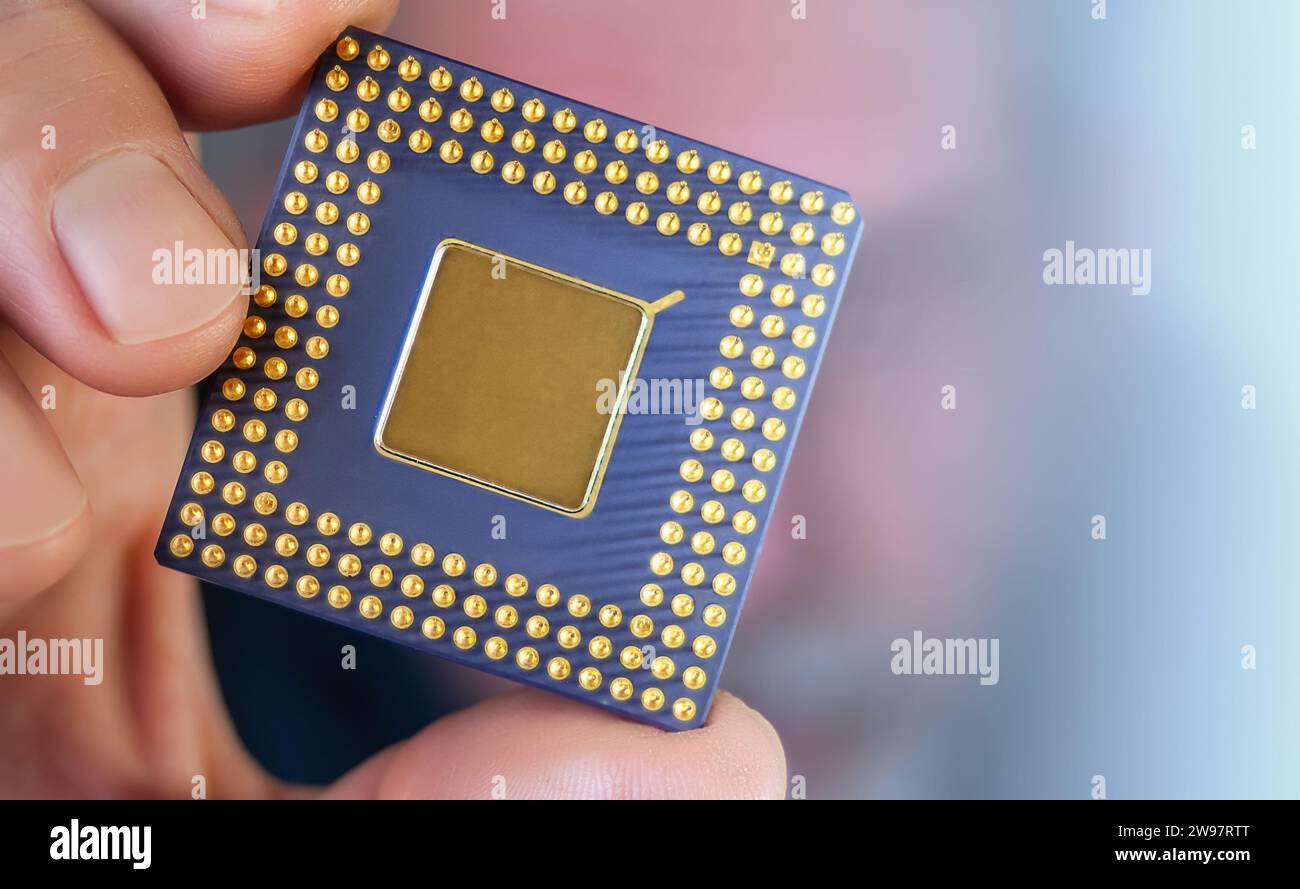 Der Mann hält einen CPU-Chip im PGA-Paket aus nächster Nähe Stockfoto