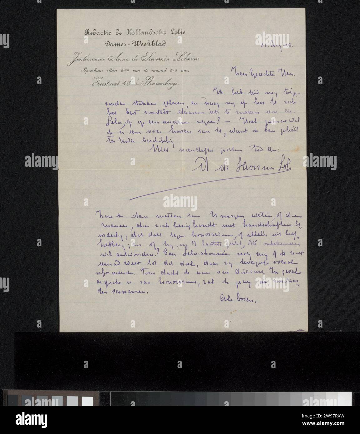 Brief an Philip Zilcken, de Hollandsche Lelie, 1903 Brief die Haager Tinte Schreiben (Prozesse) / Stift / Drucksachen Stockfoto