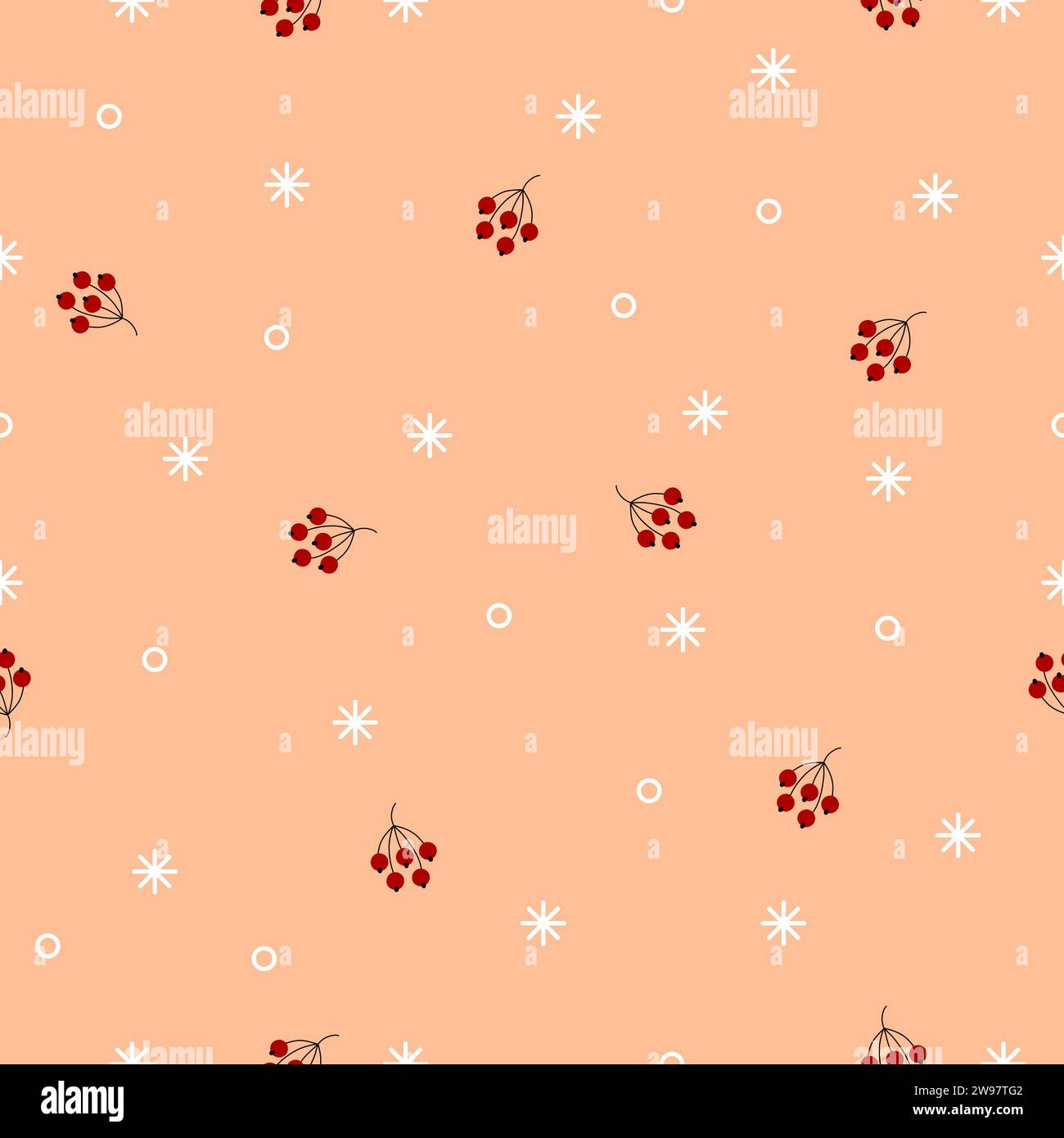 Nahtloses Wintermuster. Zufällige weiße Schneeflocken, rote Beeren auf Pfirsichfuzz Hintergrund. Minimalistische Vektor-Feiertagsillustration für Tapeten, Wrap Stock Vektor
