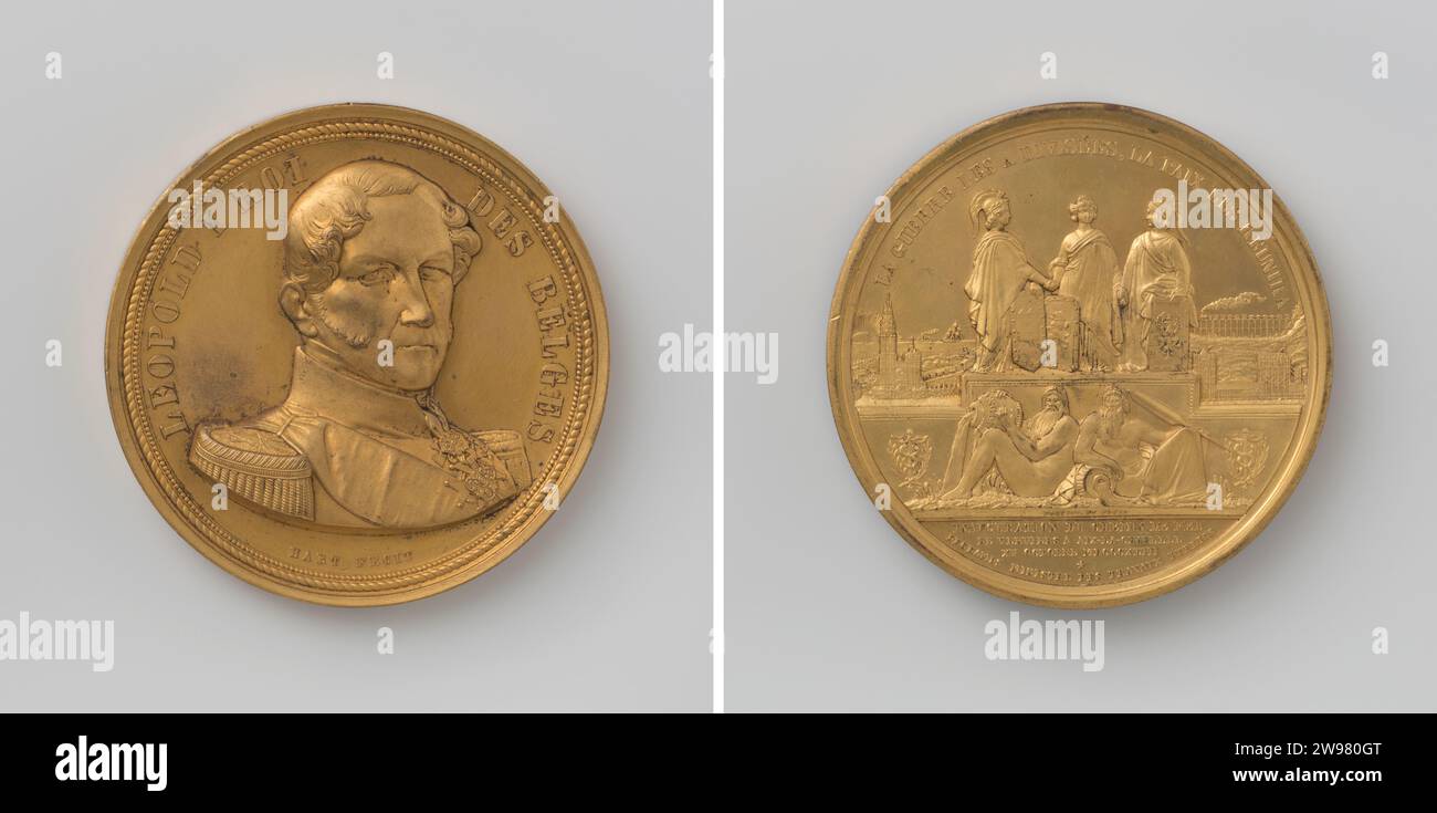 Eröffnung der Bahnstrecke Verviersak zu Ehren von Leopold I., König der Belgier, Laurent Joseph Hart, 1843 Geschichte Medaille Front: Bruststück Mann im Wechsel. Rückwärts: Drei Frauen mit Wappen, die Frankreich, Belgien und Preußen repräsentieren, schütteln die Hand; im Hintergrund links: kathedrale von Antwerpen und Gesicht auf Schelde mit aufgehender Sonne, Segel- und Dampfboot; rechts: Kölner Dom und Zug auf der Brücke in Omschrift; unten: zwei Flussgötter mit Wasserkrügen, mit Quecksilberstab auf beiden Seiten zwischen zwei almzweigen; Schnitt: Inschrift Brüssel Metallschlag (Metallverarbeitung) / Stockfoto