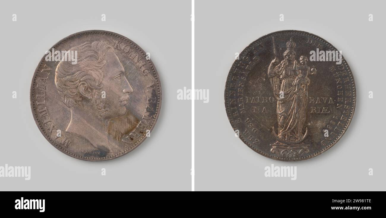 Gedenk Doppel Gulden aus dem Königreich Bayern von Maximilian II., 1855, 1855 Münze Silbermünze. Vorne: Büste des Königs rechts. Umgekehrt: Statue der Madonna, die auf einem Halbmond mit einem Kind mit Schwert und reichem Apfel steht. Doppeldischanging, in welchem Jahr. Fahrt. Silber (Metall), auffällig (Metallbearbeitung) Stockfoto