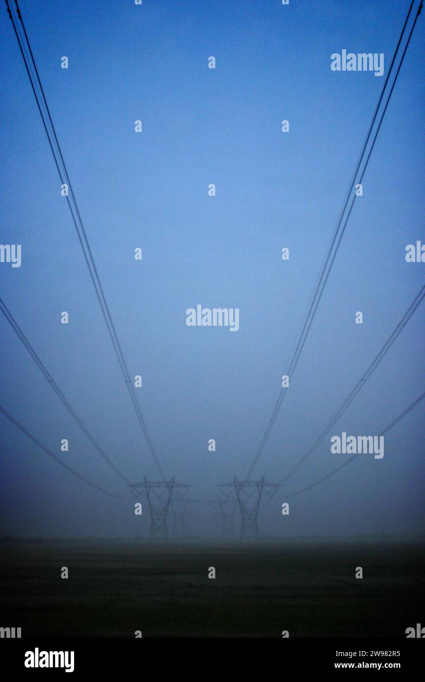 Stromleitungen erstrecken sich weit zu zwei Strommasten in der Entfernung. Sonnenaufgang. Stockfoto