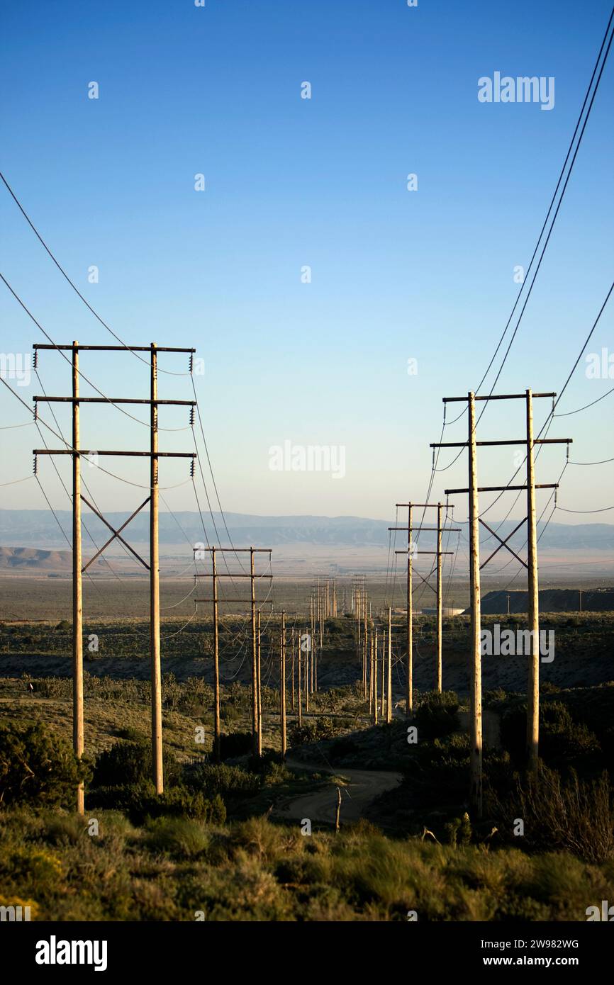 Stromleitungen führen von einer Windmühlenfarm in der Nähe von Mojave, Kalifornien. Stockfoto