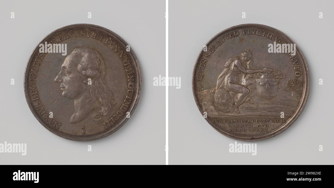 Tod von Maximilian Julius Leopold, Herzog von Brunswijk, ertrank in der oder bei Überschwemmungen, Abraham Abramson, 1785 Geschichtsmedaille Silbermedaille. Vorne: Bruststück Mann innen Wechsel. Der Nachteil: Gekrönte Frau mit Wappen sitzt trauernd neben Lijkbus in Omnipia; Schnitt: Inschrift. Berlin Silber (Metall) auffällig (Metallbearbeitung) Frankfurt oder. Oder Stockfoto